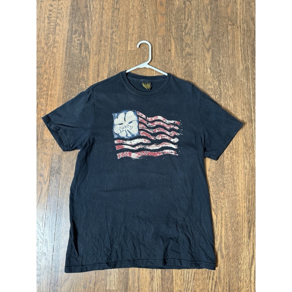 Lucky Brand Mens T-Shirt Medium Black Distressed American Flag Clover Made In US
